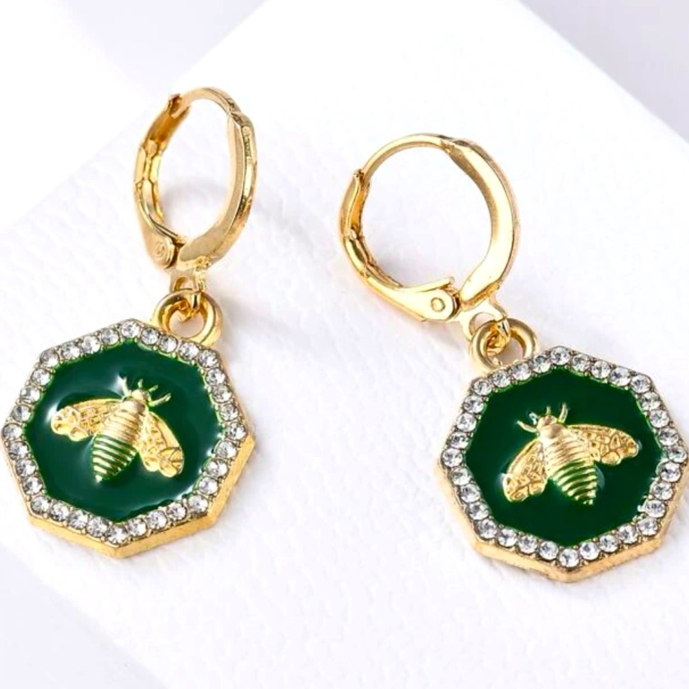 Green and Gold Bee Earrings